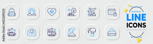 Nice girl, Beach umbrella and Sun protection line icons for web app. Pack of Backpack, Calendar, Bus travel pictogram icons. Car travel, Love letter, Rainbow signs. Passenger. Vector