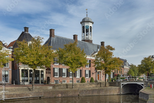 City hall and canal at Dokkum. Friesland Netherlands. 