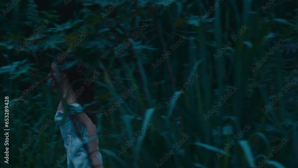 A frightened girl in a bloodstained dress runs away from her pursuer through the woods