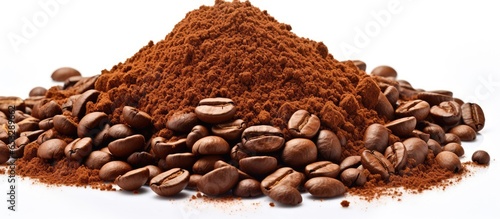 Pile of coffee and beans on white background