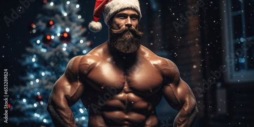 Sexy Happy Muscular man in Santa Hat with trendies beard at Christmas Tree. Modern Santa Claus Bodybuilder. Merry Christmas and Happy New Year, holiday background