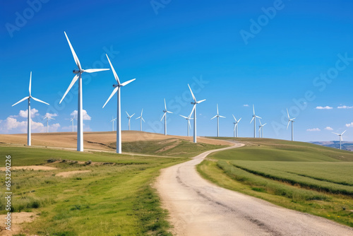 View of wind turbines on a wind farm at sunny day