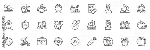 Icons pack as Electronic thermometer, Doctor and Eco bike line icons for app include Skin moisture, Social distance, Ph neutral outline thin icon web set. Mattress, Mental health. Vector