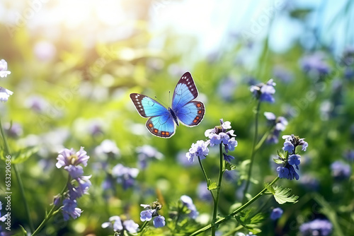 Beautiful summer or spring meadow with blue flowers of forget-me-nots and two flying butterflies. Wild nature landscape © Fabio