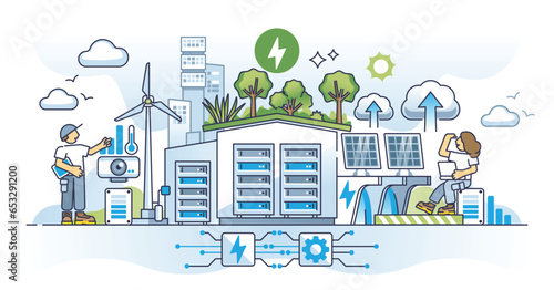Redefining energy for tomorrow with urban sustainable power outline concept. Modern IOT city with green renewable electricity park vector illustration. Data center powered by alternative sources.