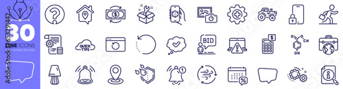 Location, Quick tips and Recovery internet line icons pack. Spanner, Recovery data, Chemical formula web icon. Settings blueprint, Search, Waterproof pictogram. Calculator, Gears, Work home. Vector