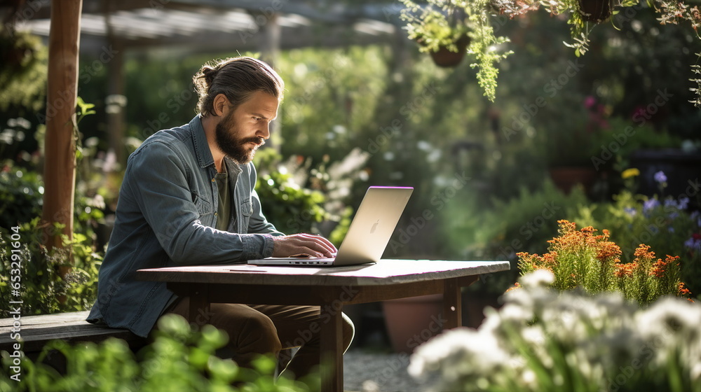 Handsome young man freelance developer working on his laptop in a summer garden Handsome young man freelance developer working on his laptop in a summer garden