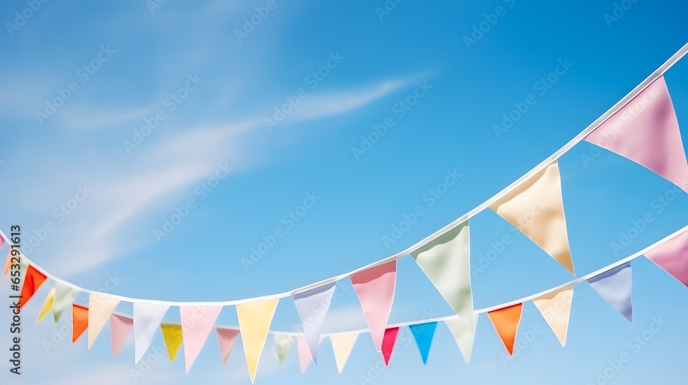 Colorful party pennants chain, garland with flags, on background of a blue sky Colorful party pennants chain, garland with flags, on background of a blue sky