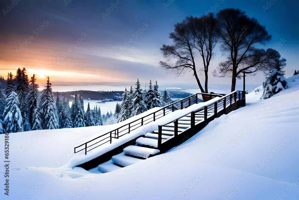 winter landscape with snow covered bridge