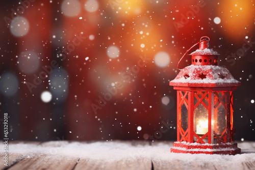 A red Christmas lantern with a candle inside stands in the snow. Winter background with blurred snowfall, lights and copy space.