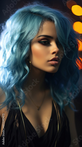 Portrait of Stunning Young Turkey Woman with Blue Hair Captured in Golden Hour and Natural Light, High-Quality Beauty Photography
