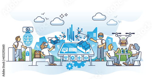 Embracing edge technology with innovative urban systems outline concept. Modern connectivity for public usage and state of art tech integration in everyday life vector illustration. Futuristic IOT.