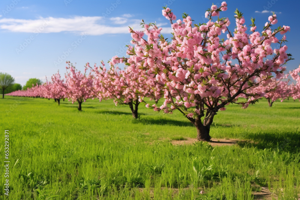 Orchard of blooming peach trees in spring. Blossoming peach tree branches with pink flowers in garden with green grass. Generative AI Orchard of blooming peach trees in spring. Blossoming peach tree branches with pink flowers in garden with green grass. Generative AI