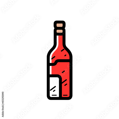 Wine bottle and cork vector icon in minimalistic, black and red line work, japan web