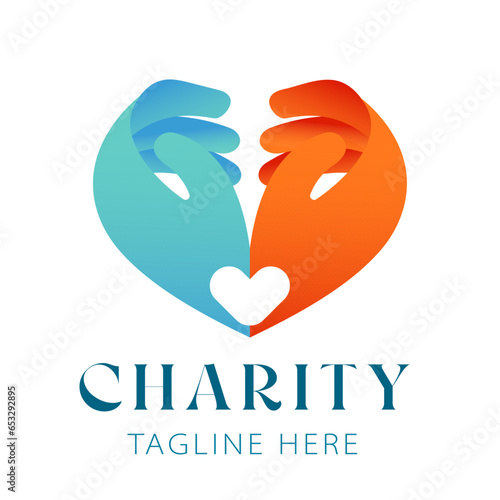 Charity vector logo design template. Abstract colorful heart on human hands, isolated icon, symbol, emblem. Concept for voluntary, non profit organization or health and healthcare themes