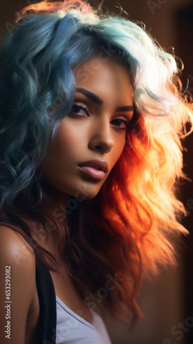 Portrait of Stunning Young Turkey Woman with Colorfull  Hair Captured in Golden Hour and Natural Light, High-Quality Beauty Photography