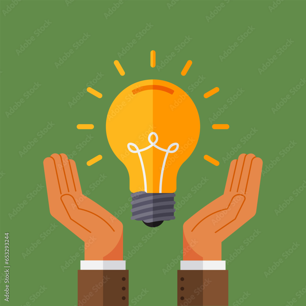 Burning light bulb, idea concept. Hands and lights bulb, find solution