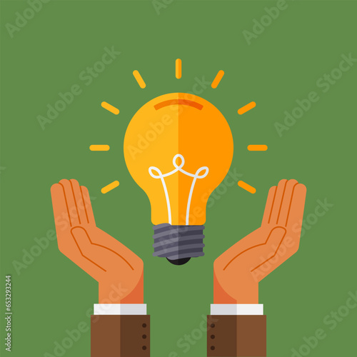 Burning light bulb, idea concept. Hands and lights bulb, find solution or answer. Creativity, education, innovation. Symbol of new idea, creative project. Brilliant idea, sudden insight or flash