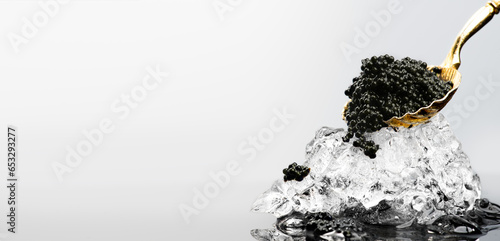 Black Caviar in golden spoon on ice. High quality natural sturgeon black caviar close-up. Delicatessen. Texture of expensive luxury caviar over gray background 