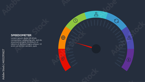 Speedometer infographic with 7 elements, presentations, vector illustration. Template for web on a black background.