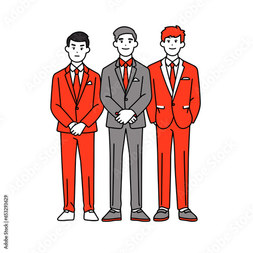Groomsmen suit vector icon in minimalistic, black and red line work, japan web