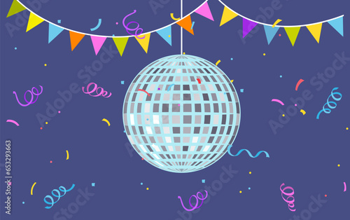 Silver disco ball on blue background with colored ribbons, garland of flags and confetti. Glowing discoball. Night club party equipment. Shiny mirror ball. Carnival element. Birthday celebration
