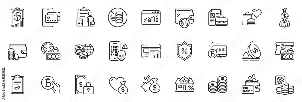 Icons pack as Wallet, Private payment and Robbery line icons for app include Web traffic, Payment method, Checklist outline thin icon web set. Report, Card, Making money pictogram. Vector