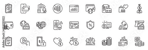 Icons pack as Wallet, Private payment and Robbery line icons for app include Web traffic, Payment method, Checklist outline thin icon web set. Report, Card, Making money pictogram. Vector
