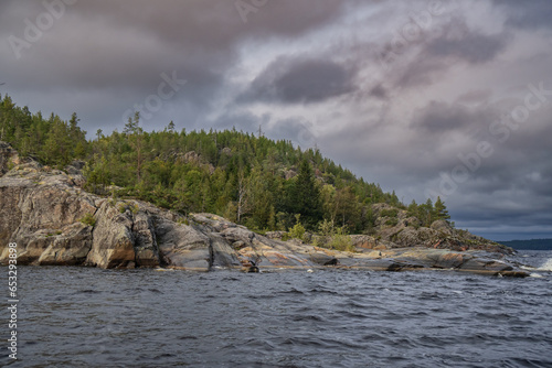 Autumn landscape. Stone coast of the bay, yellow tree, grass and stones on the shore. Pine forest on a stone shore. Overcast sky.