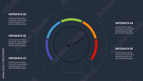 Speedometer infographic with 5 elements, presentations, vector illustration. Template for web on a black background.