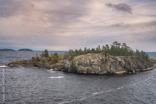 Autumn landscape. Stone coast of the bay, yellow tree, grass and stones on the shore. Pine forest on a stone shore. Overcast sky.