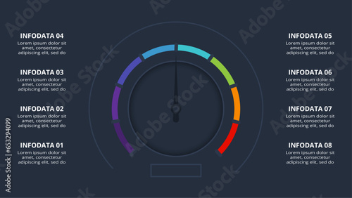 Speedometer infographic with 8 elements, presentations, vector illustration. Template for web on a black background.