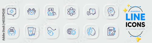 Stay home, Computer mouse and Mineral oil line icons for web app. Pack of Sunscreen, Copywriting, Brain working pictogram icons. Question mark, Atom core, Medical chat signs. Safe time. Vector