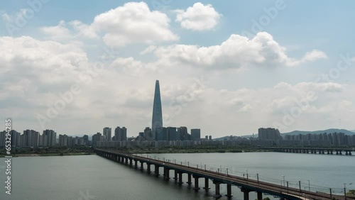 Time lapse of Lotte tower downtown skyline in seoul Korea.
