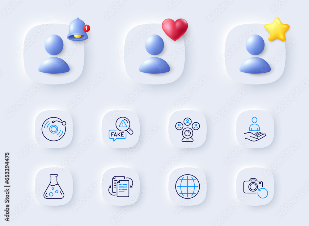Video conference, Globe and Recruitment line icons. Placeholder with 3d bell, star, heart. Pack of Chemistry lab, Bureaucracy, Fake news icon. Vinyl record, Recovery photo pictogram. Vector Video conference, Globe and Recruitment line icons. Placeholder with 3d bell, star, heart. Pack of Chemistry lab, Bureaucracy, Fake news icon. Vinyl record, Recovery photo pictogram. Vector