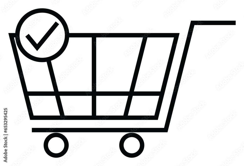 shopping cart or trolley icon with check symbol. vector isolated on white background. simple and modern design shopping cart or trolley icon with check symbol. vector isolated on white background. simple and modern design