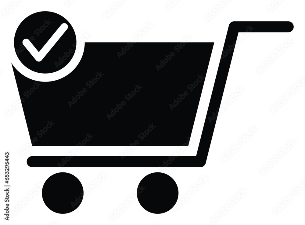 shopping cart or trolley icon with check symbol. vector isolated on white background. simple and modern design