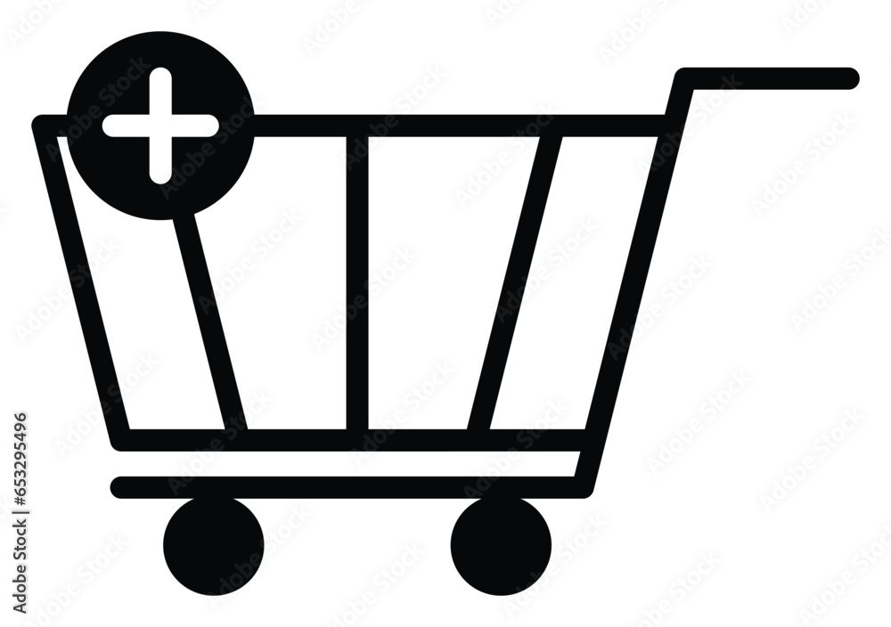 shopping basket or trolley icon with plus symbol. vector isolated on white background. simple and modern design shopping basket or trolley icon with plus symbol. vector isolated on white background. simple and modern design