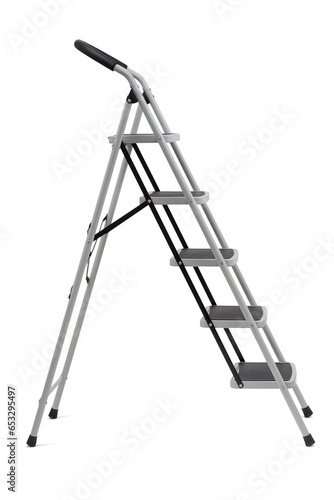 Side shot of metallic safe ladder with wide steps isolated on white background