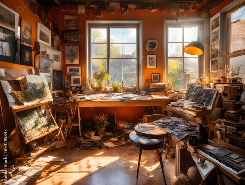 An artist s studio flooded with light and filled with lots of paintings