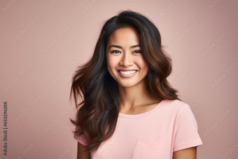 A woman wearing a pink shirt smiles at the camera. This picture can be used to portray happiness and positivity in various contexts. A woman wearing a pink shirt smiles at the camera. This picture can be used to portray happiness and positivity in various contexts.