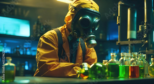 unrecognizable person Scientist chemistry in gas mask, protective yellow coat working in chemical laboratory. Research development new designer synthetic narcotic psychotropic drugs. Generative ai