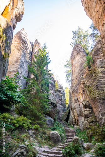 Prachovske skaly in sun lights, Cesky raj sandstone cliffs in Bohemian Paradise, Czech Republic photo