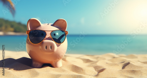 Piggy bank with sunglasses stands on the dream beach or beach with palm trees and sea - theme vacation and savings or Travel agency
