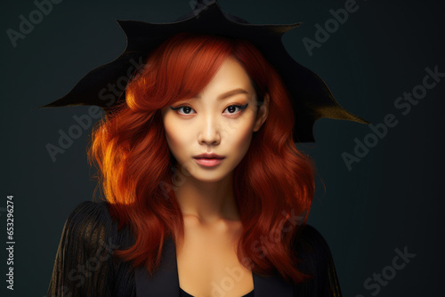 A woman with vibrant red hair is seen wearing a classic witch hat. This image can be used for Halloween-themed designs or to depict a mysterious and magical character.