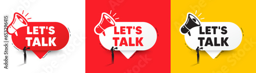 Lets talk tag. Speech bubble with megaphone and woman silhouette. Connect offer sign. Conversation symbol. Lets talk chat speech message. Woman with megaphone. Vector