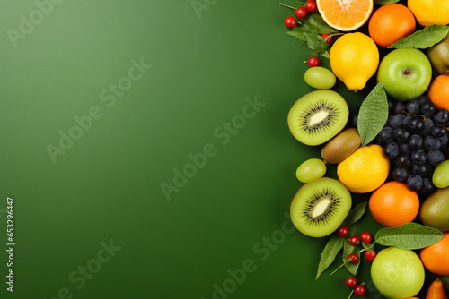 fruits on a green background with a space in the middle shot from a high angle with empty space around them