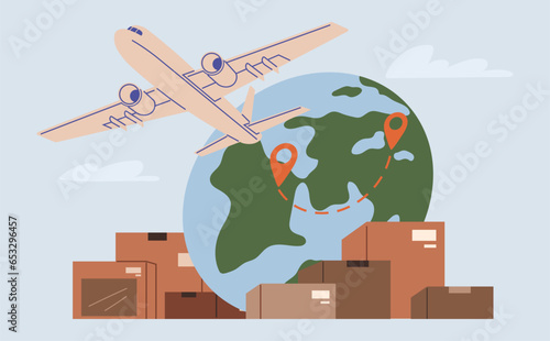 International logistic. Global air delivery export. Vector. Worldwide shipping by aircraft plane intricate network international logistics Cargo delivery methods have evolved with advancements