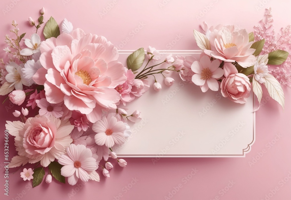Banner with flowers on light pink background. Greeting card template for Wedding