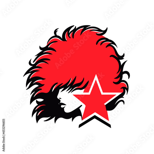 Rockstar wig vector icon in minimalistic, black and red line work, japan web